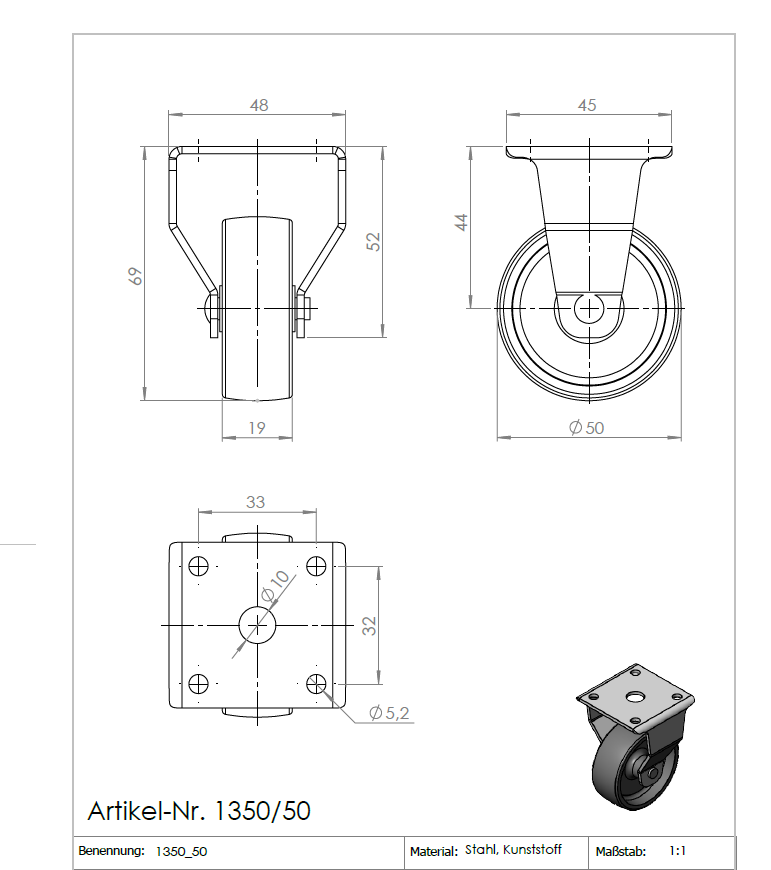 Ø 50 mm, Kastenbockrolle mit harter Lauffläche