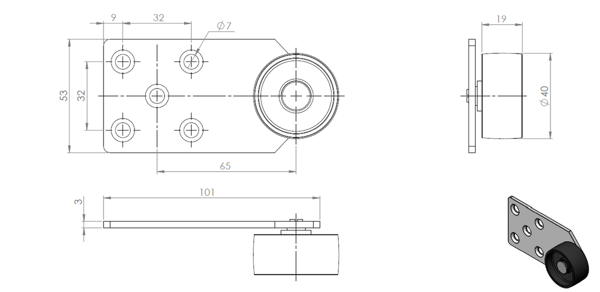 Technische Zeichnung und isometrische Ansicht einer Kopfteilrolle 101 x 53 mm, verzinkt, Rollen-Ø 40 mm.