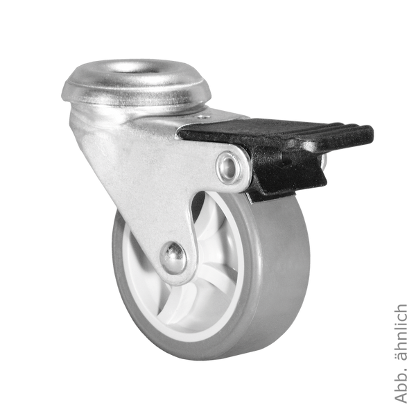 Ø 50 mm Apparaterolle mit weicher Lauffläche und Feststeller, Rückenloch Ø 8,2 mm