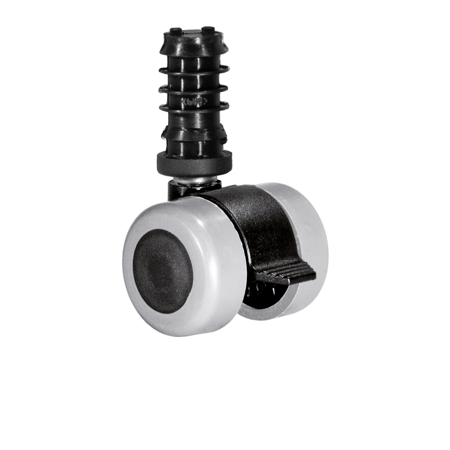 Doppelrolle Ø 35 mm mit weicher Lauffläche grau und Feststeller, Klemmringstift Ø 8x58 mm, Befestigungshülse Ø 10x37 mm