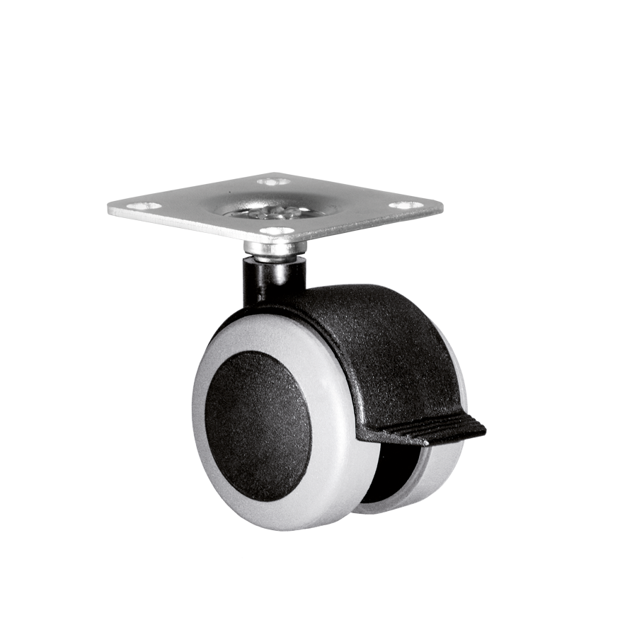 Doppelrolle Ø 50 mm mit weicher Lauffläche grau und Feststeller, Anschraubplatte 40x40 mm