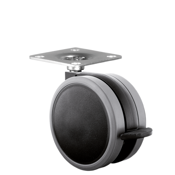 Doppelrolle Ø 65 mm mit weicher Lauffläche und Feststeller, Anschraubplatte 40x40 mm