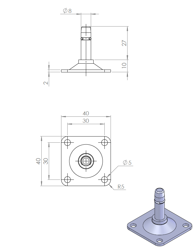 Technische Zeichnung einer Anschraubplatte 40 x 40 x 2,0 mm, verzinkt, mit Mittelstift der KARWEG GmbH & Co. KG.
