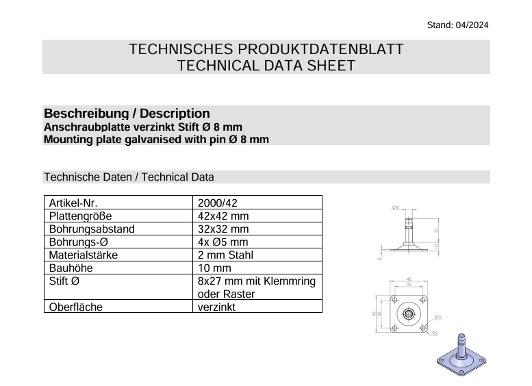 KARWEG Anschraubplatte 42 x 42 x 2,0 mm, Stift Ø 8 x 27 mm, verzinkt: Technische Daten/Datenblatt im Lieferumfang enthalten.
