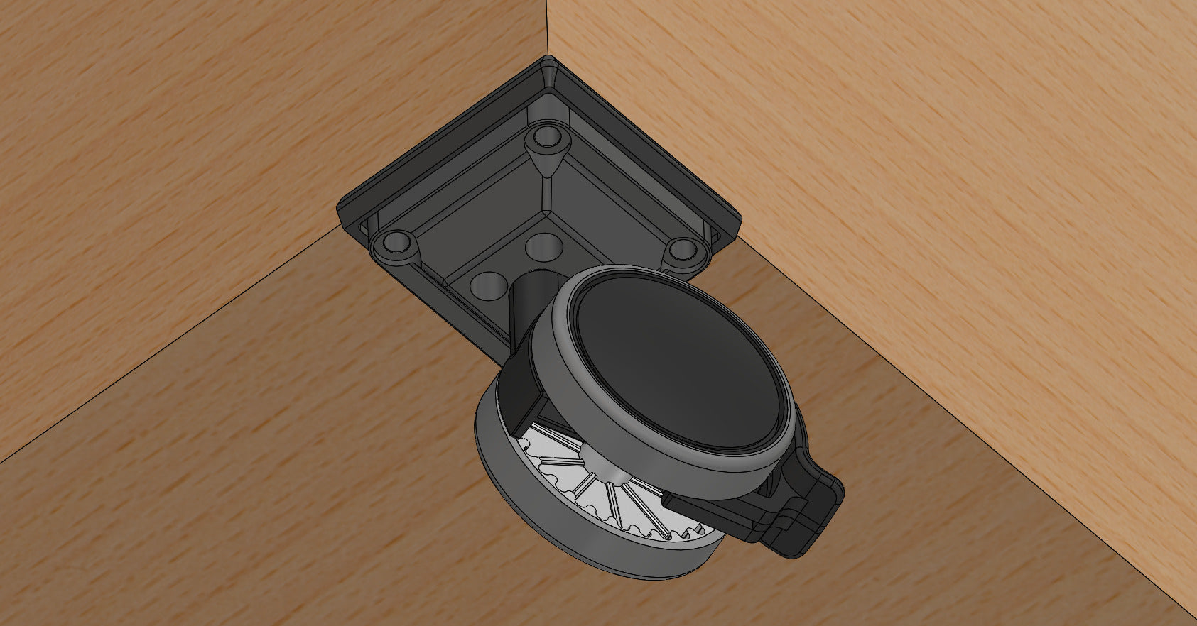 Ein Rollendiscount Lenkrollen-Set Ø75mm mit Feststeller, Stift 10/10, Kantenschutz und Montageblock wird an der Verbindungsstelle zweier Holzflächen montiert.