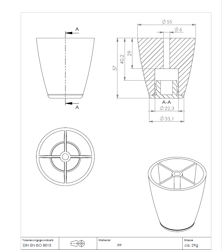 Möbelgleiter mit Stopfen schwarz aus Kunststoff, Ø 55 mm, Bauhöhe 57 mm, Bohrung Ø 6 mm