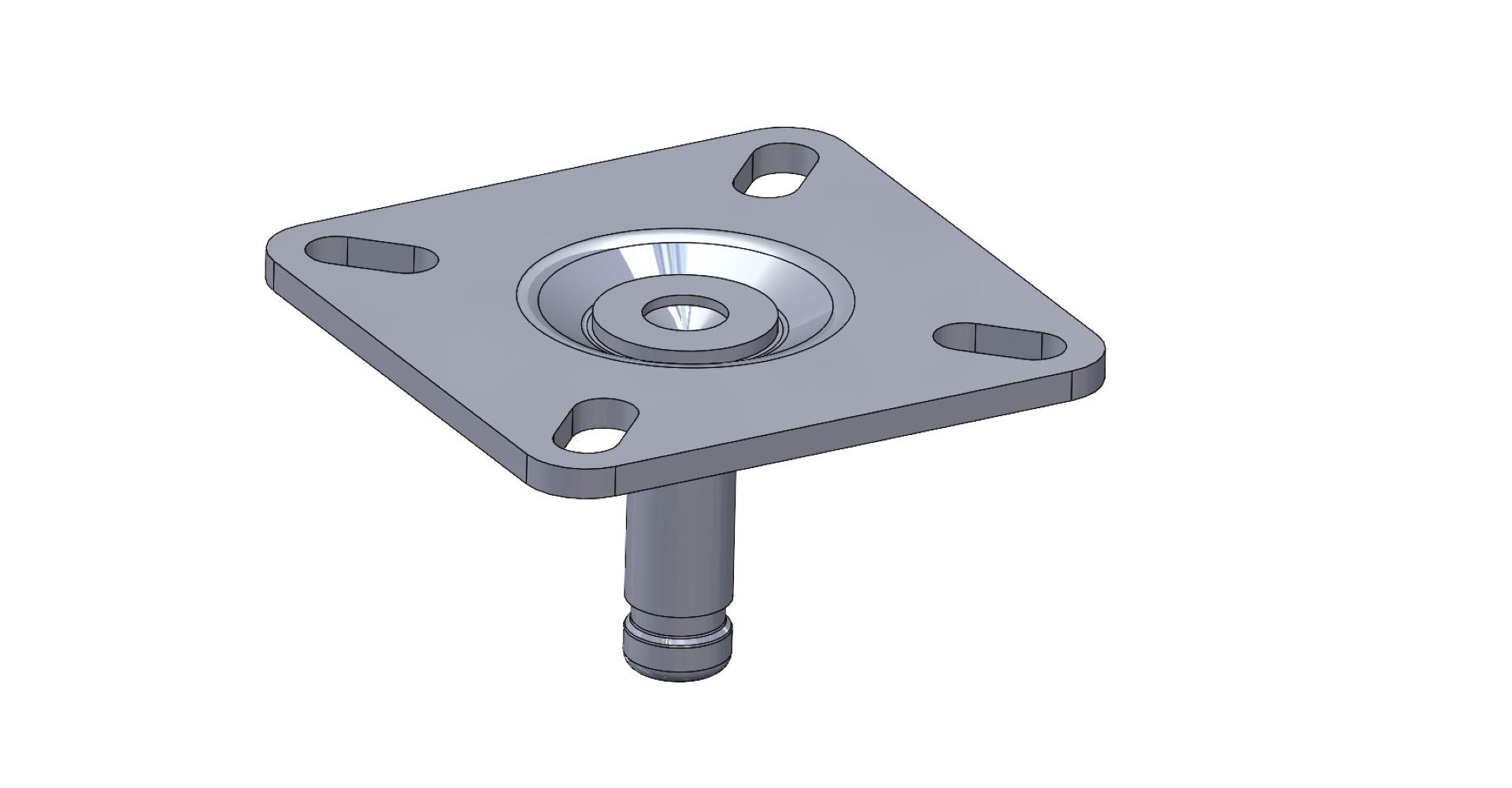 3D-Rendering der KARWEG GmbH & Co. KG Anschraubplatte 60x60x3mm verzinkt mit RASTER, Stift Ø 10 mm, und 4x Langlochbohrung aus verzinktem Stahl.