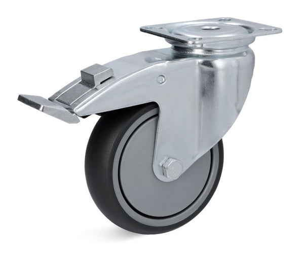 Ø 125 mm Apparaterollemit weicher Lauffläche und Feststeller, Anschraubplatte 77x67 mm