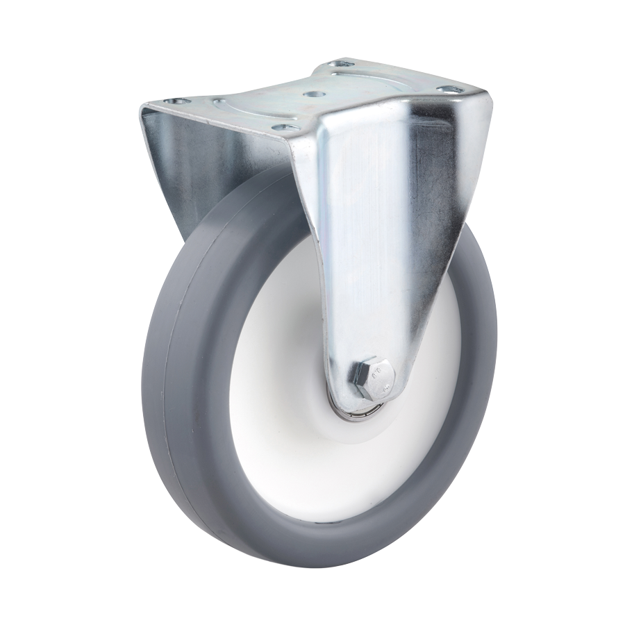 Ø 160 mm, Bockrolle mit Anschraubplatte, Radkörper aus Polypropylen, Lauffläche aus thermoplastischem Gummi grau