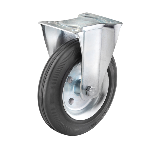 Ø 200 mm, Bockrolle mit Anschraubplatte, Radkörper aus Stahlblech, Lauffläche aus Vollgummi