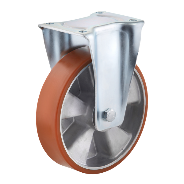 Ø 200 mm, Bockkrolle mit Anschraubplatte, Radkörper aus Aluminium-Druckguss, Lauffläche aus Polyurethan