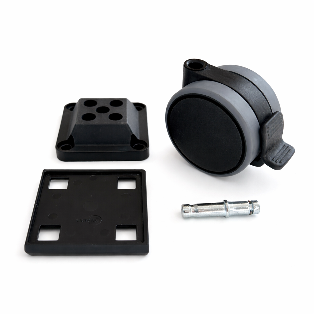 Vier schwarz-graue Rollendiscount Lenkrollen-Set Ø75mm mit Feststeller, Stift 10/10, Kantenschutz und Montageblock auf weißem Grund bieten praktische Lenkrollen für vielseitige Möbelmobilität.