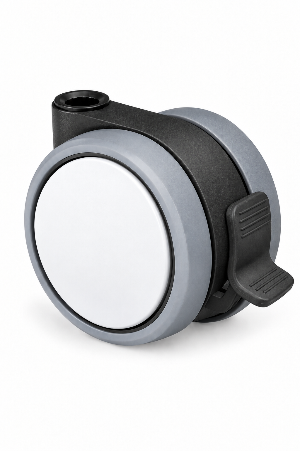 Doppelrolle, schwarz, mit weicher Lauffläche aus TPE (grau), Kappe weiß, Ø 65 mm, mit Feststeller.