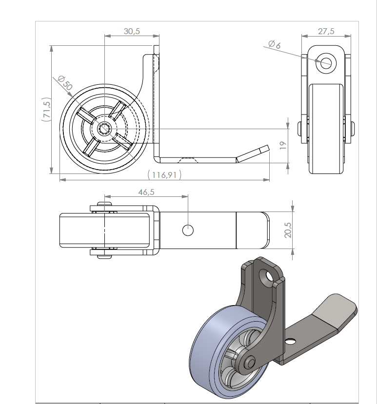 Technische Zeichnung und 3D-Modell der Rollendiscount Rolle mit Kippschutz, Rad Ø 50mm mit weicher Lauffläche, 2 Befestigungsbohrungen, mit Maßangaben in mm-ideal für den Einsatz in Pflegeeinrichtungen.