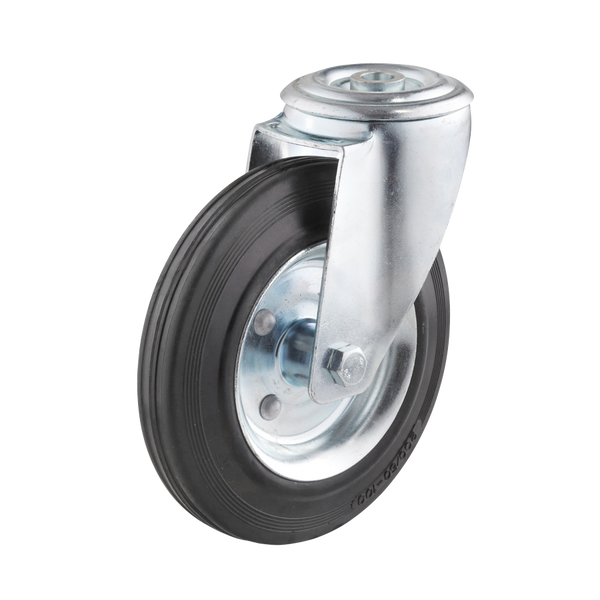 Ø 200 mm, Lenkrolle mit Rückenloch, Radkörper aus Stahlblech, Lauffläche aus Vollgummi