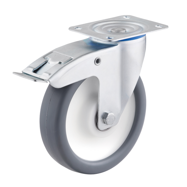 Ø 80 mm, Lenkrolle mit Feststeller und Anschraubplatte, Radkörper aus Polypropylen, Lauffläche aus thermoplastischem Gummi grau