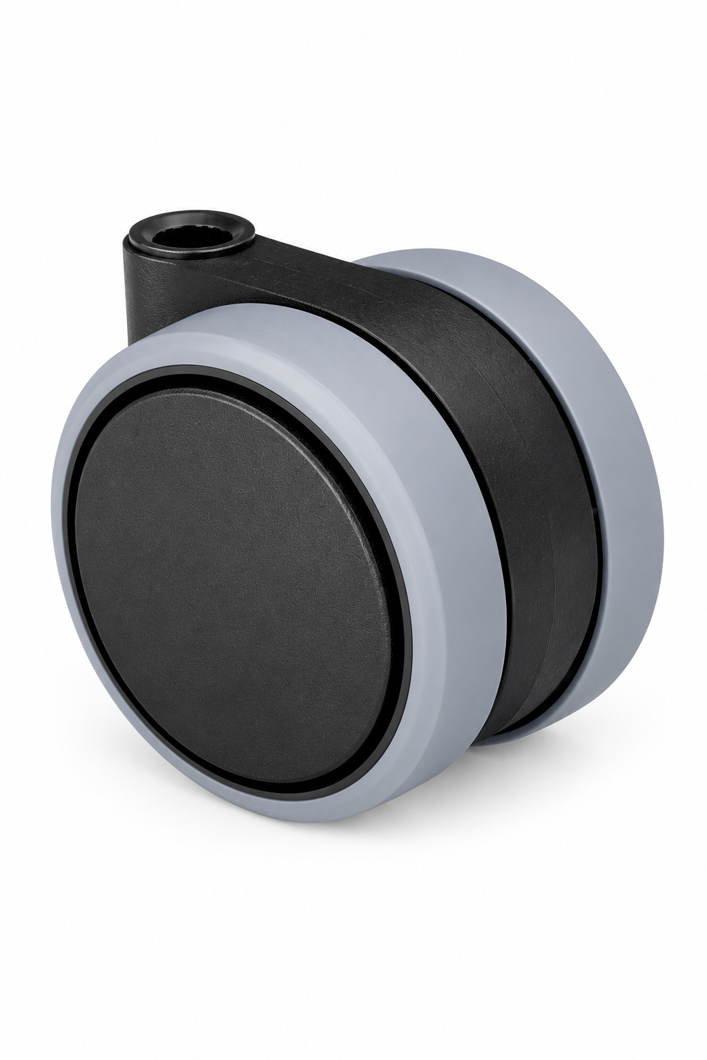 Doppelrolle Ø 65 mm mit weicher Lauffläche, grau, Kappe schwarz, mit grauen TPE-Reifen für Hartböden.
