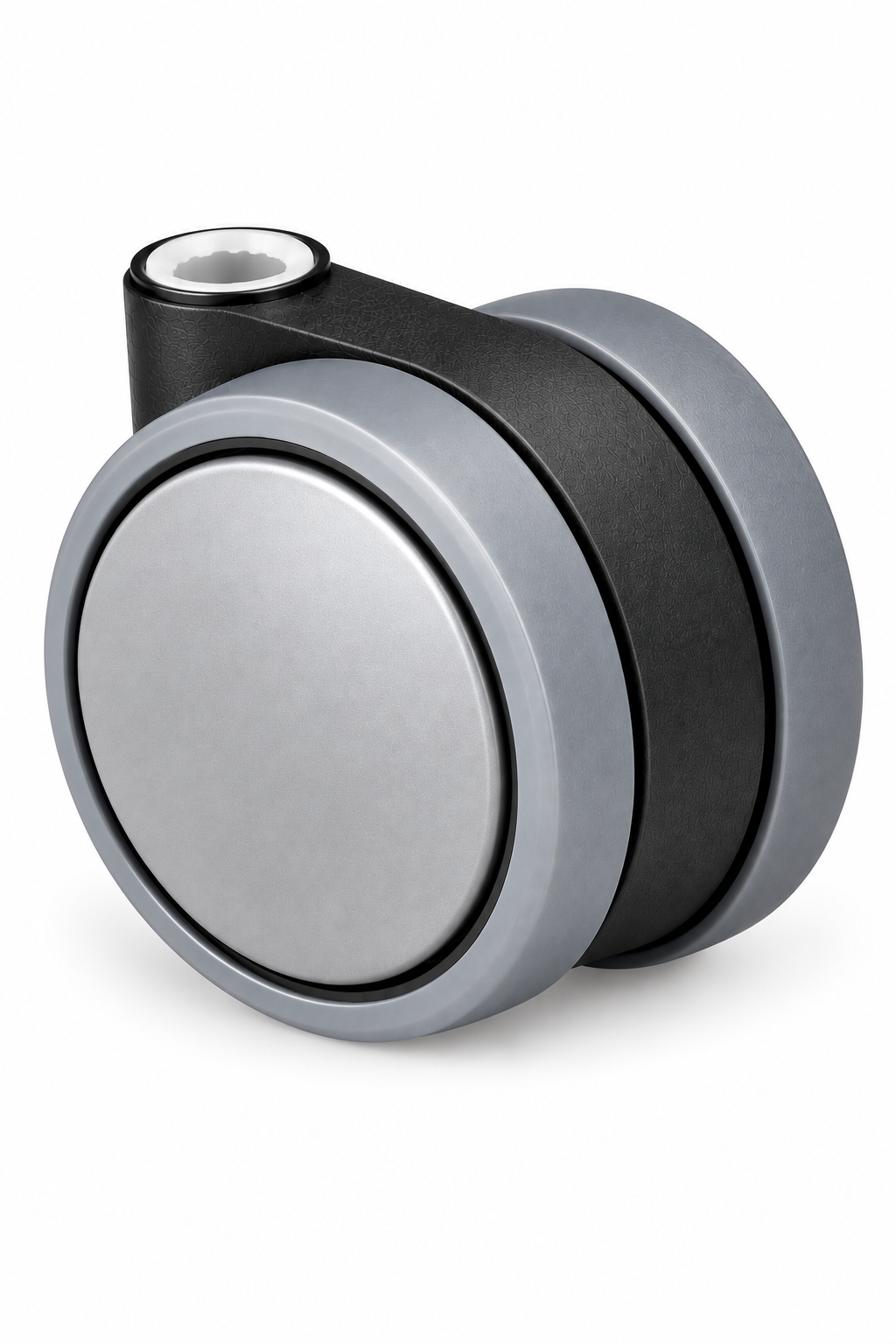 Doppelrolle, schwarz, mit weicher TPE-Lauffläche in Grau, Kappe in Grau, Ø 65 mm, mit Befestigungshülse.