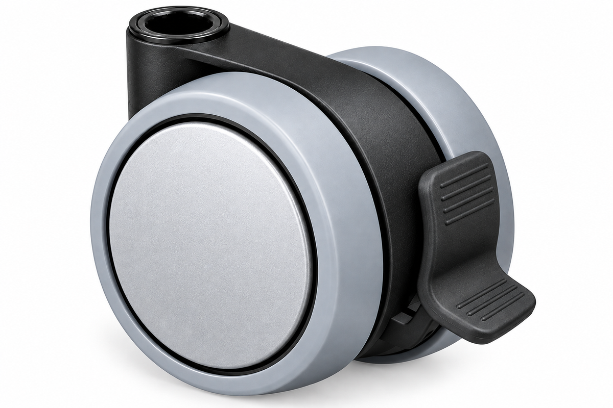 Doppelrolle, schwarz, mit weicher TPE-Lauffläche in Grau, Kappe in Grau, Ø 65 mm, mit Feststeller.
