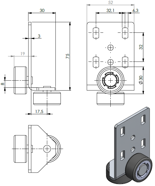 Technische Zeichnung der KARWEG GmbH & Co. KG Kopfteilrolle 76x53x3 mm, verzinkt, abgewinkelt, mit 4x Langlochbohrung 6,5x12mm und 2 Rädern Ø 30 mm (weiche Lauffläche), mit Bemaßungen und isometrischer 3D-Ansicht.