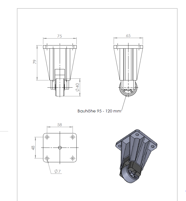 Höhenverstellbare Bockrolle Ø40mm, fertig montiert