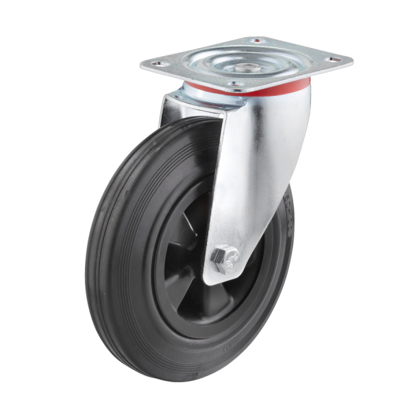 Industrierollen - Radserie VGK_R1 (Rollenlager) | Ø 125 mm, Lenkrolle mit Anschraubplatte, Radkörper aus Kunststoff, Lauffläche aus Vollgummi mit Roll