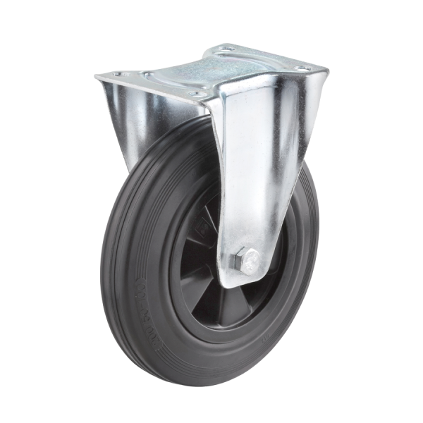 Industrierollen - Radserie VGK_R1 (Rollenlager) | Ø 100 mm, Bockrolle mit Anschraubplatte, Radkörper aus Kunststoff, Lauffläche aus Vollgummi mit Roll