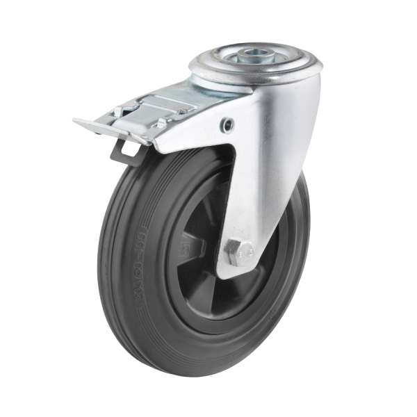 Industrierollen - Radserie VGK_R1 (Rollenlager) | Ø 080 mm, Lenkrolle mit Feststeller und Rückenloch, Radkörper aus Kunststoff, Lauffläche aus Vollgum